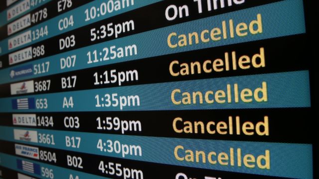 Cancelled flights on a flight information board